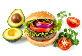 Juicy Beef Burger with Avocado, Tomato, Onion, and Lettuce on a White Background