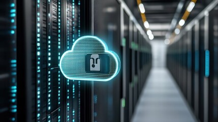 Data center with secure cloud locks, representing advanced digital protection and network security in a high-tech environment.