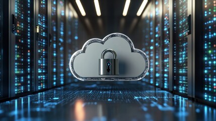 Data center with secure cloud locks, representing advanced digital protection and network security in a high-tech environment.