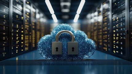 Data center with secure cloud locks, representing advanced digital protection and network security in a high-tech environment.