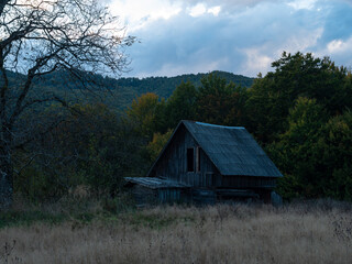 Obraz premium Evening village in Transcarpathia region scenic Carpathian mountains view Ukraine, Europe. Autumn countryside landscape fall spruce pine trees Eco Local tourism hiking Recreational activities Vacation