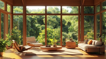 Fototapeta premium Serene and Lush Indoor Garden Oasis with Panoramic Forest Views
