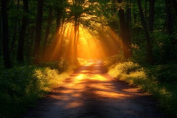 Obraz premium Sunlight on a path in woodlands