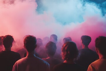 Crowd listen to a DJ at a dance music festival playing electronica, techno, garage, house with pink and blue smoke