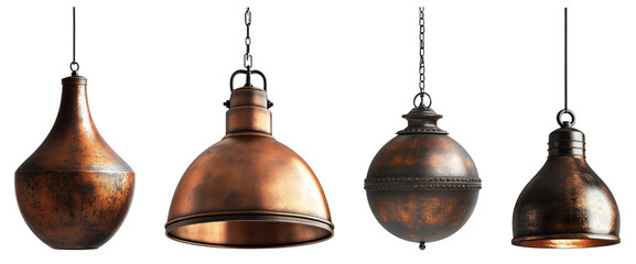 Obraz premium Rustic copper hanging lamp, centered on a transparent background.