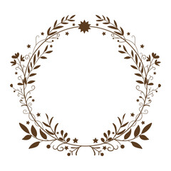 Round vintage frame with monograms and flowers, leaves, isolated on white background, for design and decor, template for prints, cards