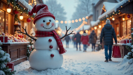 A cheerful snowman stands on a snowy street with shops decorated for Christmas  and New Year