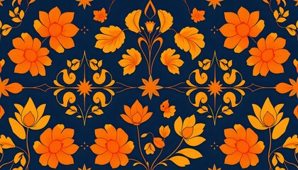 Obraz premium Vibrant Deep Blue Floral Pattern with Orange Blooms