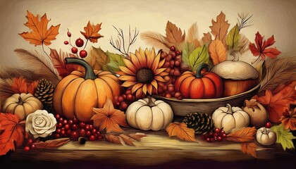 Table with a basket of pumpkins and other fall fruits