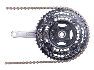 Old worn out front bicycle sprocket with chain installed. Isolated background.