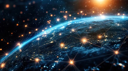 Digital global network connectivity with glowing nodes and earth representation