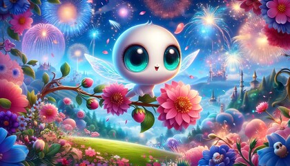 Cute Cartoon Fairy with Fireworks and Flowers for New Year