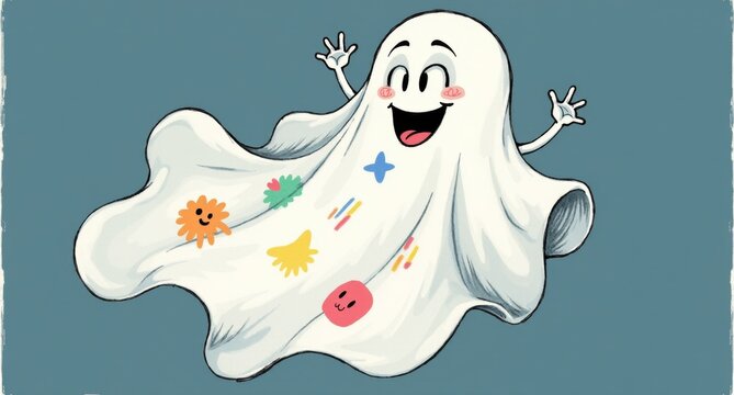 A tiny, happy ghost floating around in an oversized sheet with funny doodles and colorful patches. Its big smile and playful wave make this ghost look more like a friendly trick-or-treater than a spoo