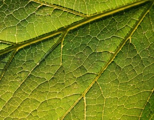 Obraz premium microscopic detail of a green leaf showing the fine structure of the veins with some warm sun light