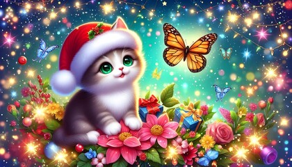 Fototapeta premium Cute Kitten with Santa Hat and Butterfly