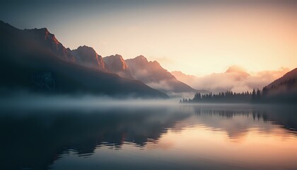 Obraz premium Serene Mountain Sunrise over Tranquil Lake