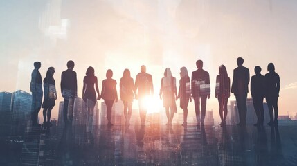 Fototapeta premium Double exposure panoramic teamwork business join hand together with silhouette business people and modern city background. Business team standing hands together, Volunteer charity work.
