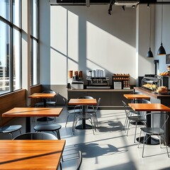 Cozy Coffee Shop Scene with Wooden Tables and Fresh Pastries