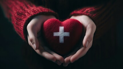 female hands delicately hold a red felt heart with a white cross on it, Red Cross day, banner
