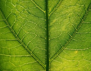 Fototapeta premium microscopic detail of a green leaf showing the fine structure of the veins with some warm sun light