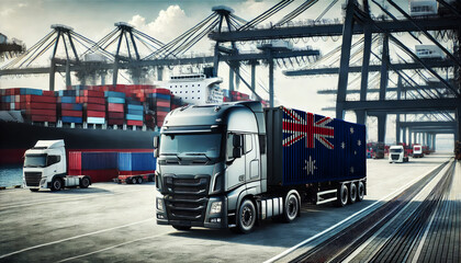 Fototapeta premium Modern freight truck with an Australia flag container at a busy port, surrounded by cargo ships and cranes. Ideal for showcasing global shipping, logistics, and transportation