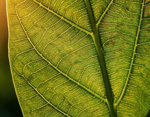 Obraz premium microscopic detail of a green leaf showing the fine structure of the veins with some warm sun light
