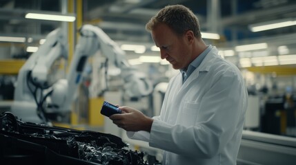 An engineer in a lab coat examines a car engine component with a thermal imaging camera. The well-lit factory features automated assembly lines and robotic arms in the background