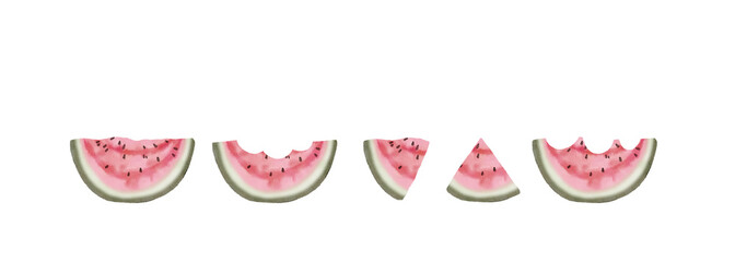 Watercolor slices of watermelon isolated on white background. Set of sliced watermelons