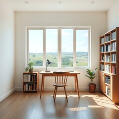 Fototapeta premium Cozy Study Room with Wooden Table and Nature View