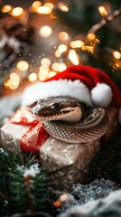 Obraz premium Snake wearing santa hat coiled on wrapped present surrounded by festive bokeh lights, celebrating christmas and new year gifts