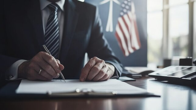 In a contemporary office setting, a politician is focused on signing an official document. Behind him, a large poster highlights renewable energy initiatives, complemented by a small flag on the desk - Powered by Adobe