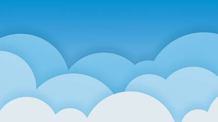Blue sky with big light blue layered flat cartoon style clouds with color gradient to white....