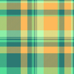 Small background check tartan, paisley fabric textile texture. Turquoise vector plaid pattern seamless in teal and amber colors.
