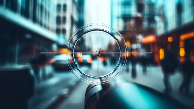 Urban Sniper - A city street viewed through a sniper's scope, with blurred pedestrians and vehicles creating a sense of tension and imminent danger.