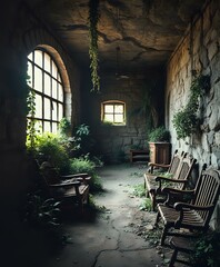 Vintage Stone Room with Natural Light and Ivy - Relaxation and Serenity