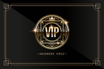 For premium persons vip card invitation with gold logo with text in frame and glitter with gatsby elements. Vector illustration.