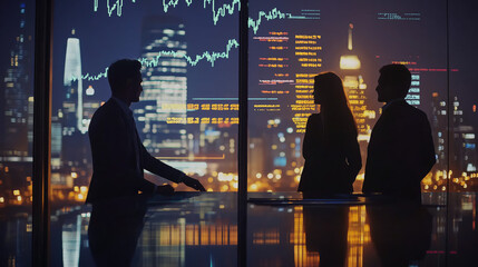 Dynamic team collaboration in modern office setting with forex charts and cityscape backdrop