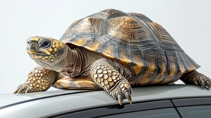 Obraz premium A close-up of a turtle perched atop a car with its head resting on the car's roof