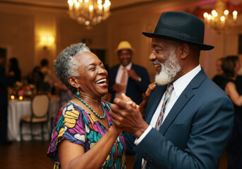 Man and a woman are dancing and laughing together at a party