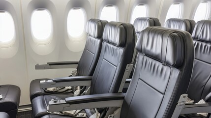Modern Airplane Seat Arrangement: Spacious Cabin with Soft Focus Window Background