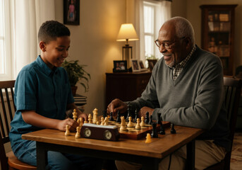 Grandfather and his grandson are enjoying a game of chess together at home