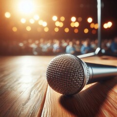 Obraz premium Microphone on stage in the light before the performance.