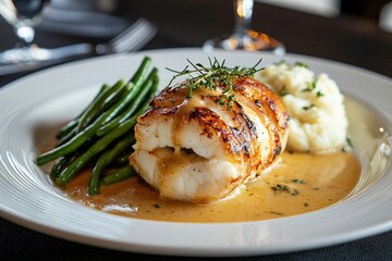 Luxurious Lobster-Stuffed Fish Fillet with Mashed Potatoes and Sautéed Green Beans