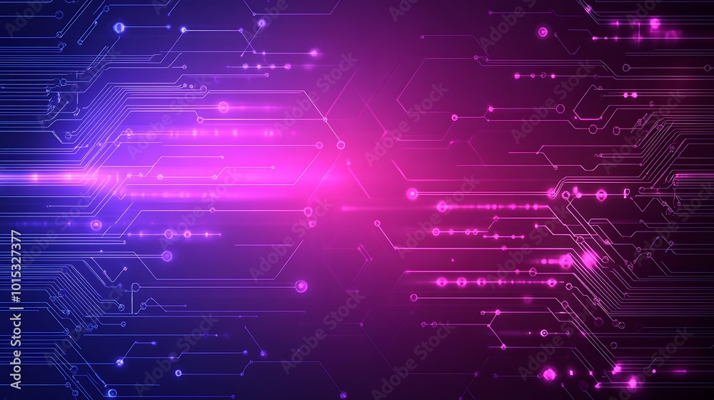 Poster abstract digital technology background with glowing lines and circuits in purple and blue hues.