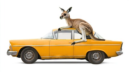   A kangaroo is perched on top of a yellow car with its tail protruding from the hood