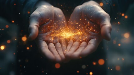 Magical energy in human hands glowing with faith and spirituality