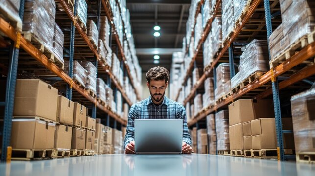 Man is working on a laptop in a warehouse, surrounded by shelves stocked with boxes, likely managing inventory or processing orders.