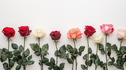 Fototapeta premium Valentine's day - A row of lush different roses against a white background.