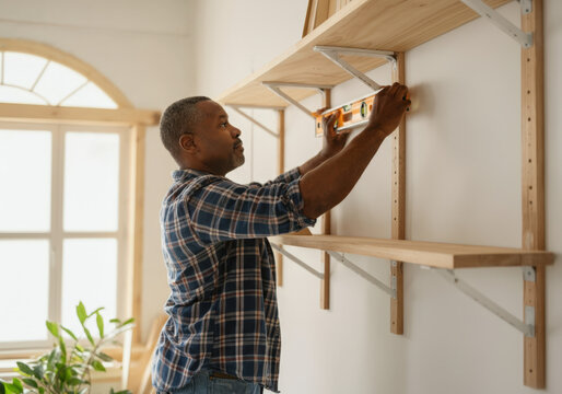 Carpenter is using a spirit level while installing a wooden shelf on a white wall