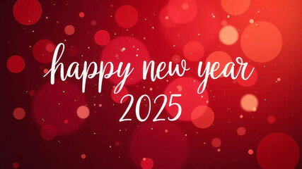 Christmas banner. White letters “happy new year 2025” on red bokeh background. Generated AI